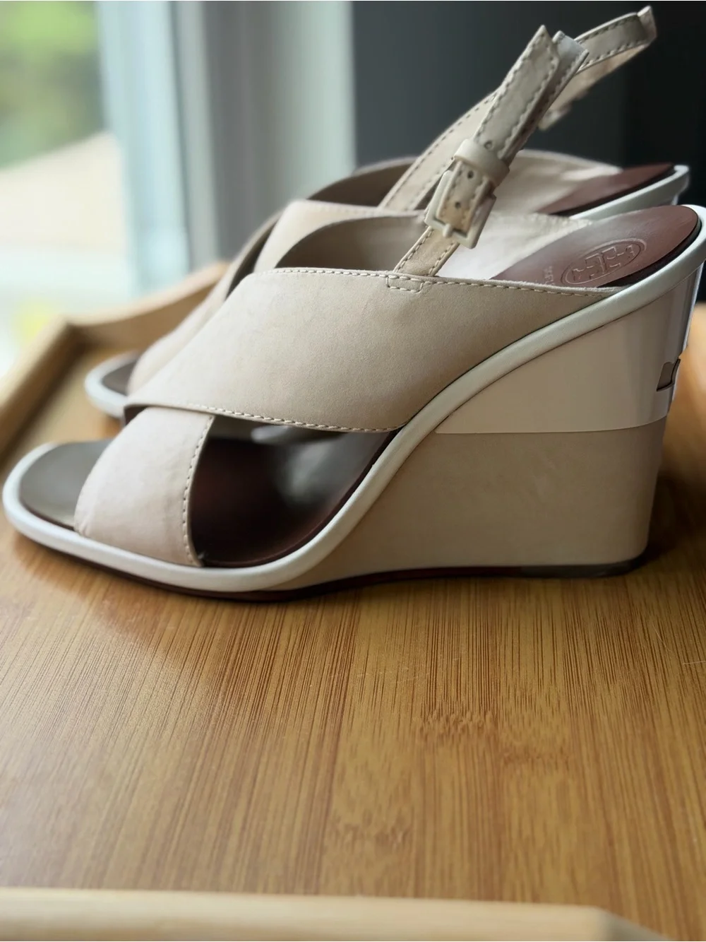 Tory Burch Nude Beige Crisscross Wedge Sandals